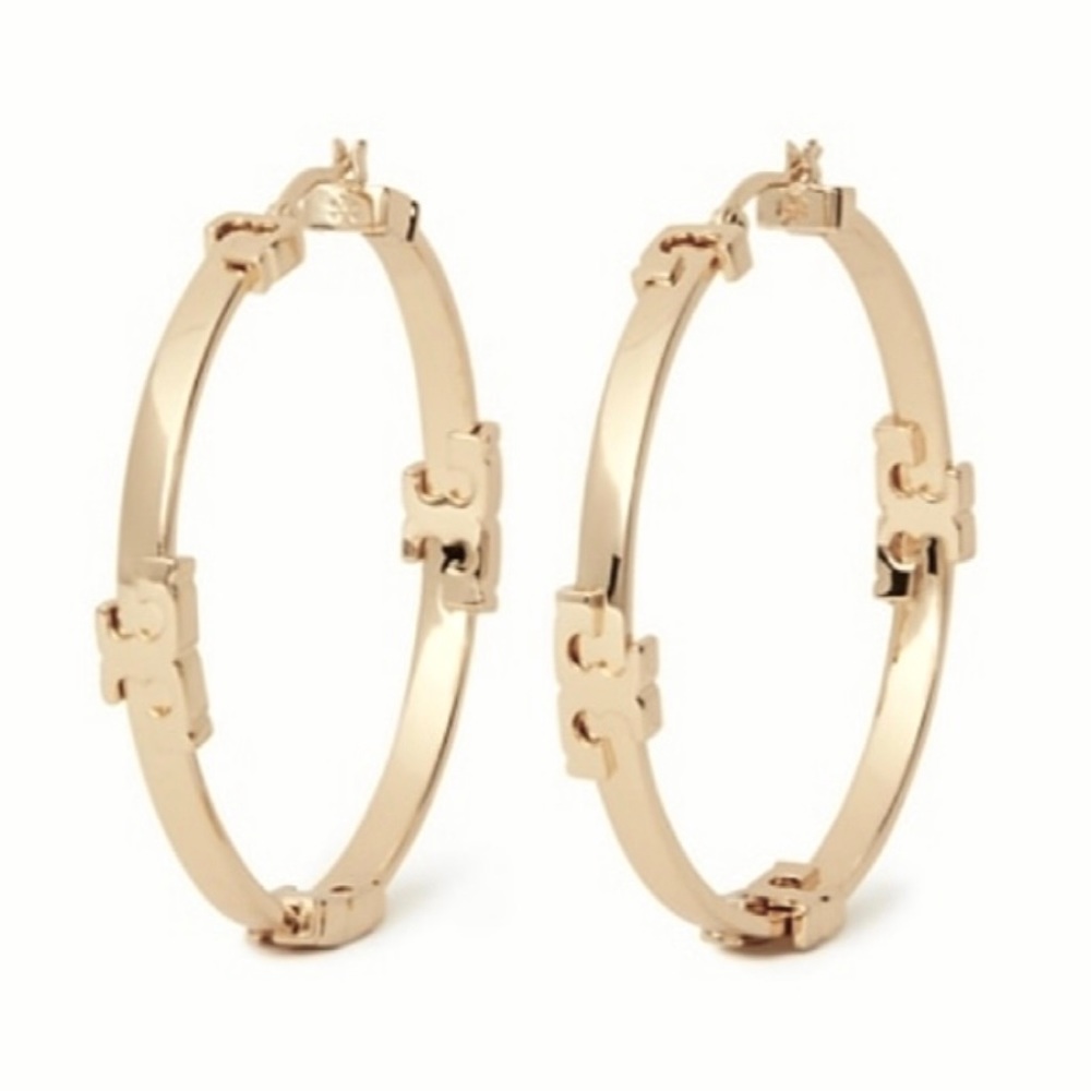TORY BURCH • Gold Serif T Logo Hoop Earrings